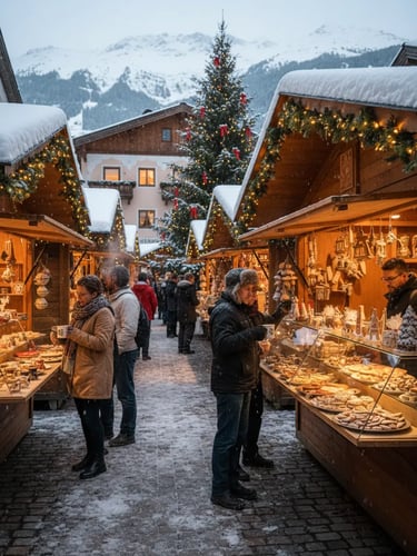 A charming traditional European Christmas market with wooden stalls, festive lights, and a large dec