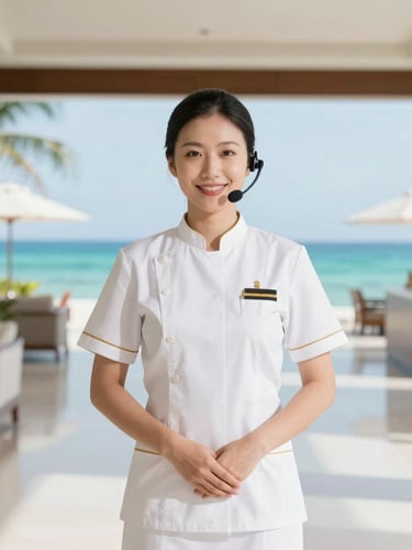 A professional resort guest relations manager in a clean white uniform standing in a bright, sunlit tropical resort lobby, turquoise ocean visible in the background, high-end hospitality setting.