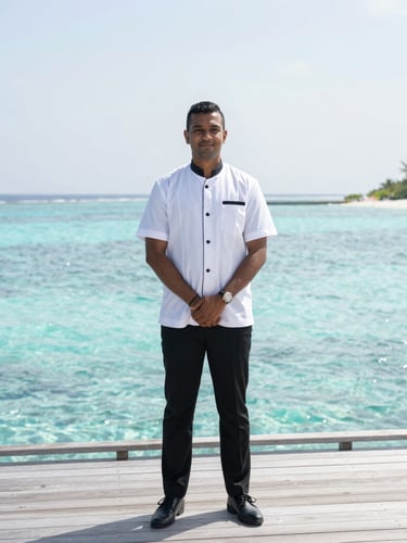 Bright editorial photography of a professional Maldivian resort manager in a crisp uniform standing on a sunny wooden deck, sparkling turquoise water in the background, natural tropical daylight.