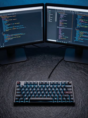 Top-down structured layout of a minimalist developer workspace with glowing mechanical keyboard and dual dark monitors showing clean code structures, cool slate tone, 35mm