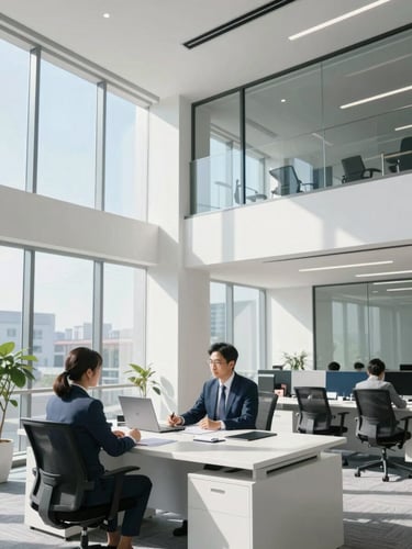 Bright modern corporate office with clean architectural lines, natural daylight, professional legal consultation setting, sharp focus, editorial style