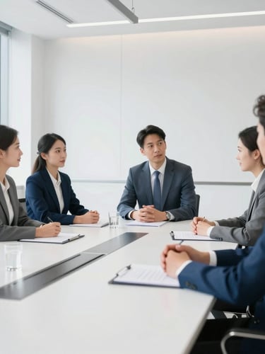 Professional corporate team meeting in a bright, sunlit conference room with clean white and blue tones, modern architectural lines, professional editorial style