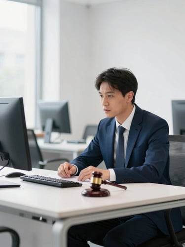 A professional legal consultation in a bright, modern office, natural daylight, clean white and blue tones, sharp focus