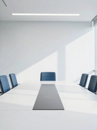 High-key modern corporate office meeting room, bright natural daylight, clean white and blue tones, sharp focus, professional editorial style
