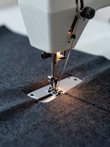 Macro close-up of heavy industrial sewing machine stitching thick charcoal fabric, warm studio lighting, sharp details of thread tension, 35mm