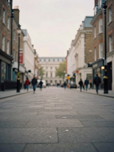 Wide shot of a moody Covent Garden streetscape with soft London daylight, shallow depth of field, off-center composition, 35mm film grain.