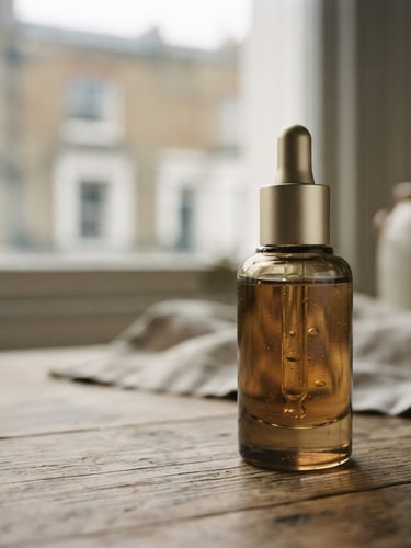 Close-up of a high-end beauty product bottle, elegantly lit, with soft London daylight, shallow depth of field, placed off-center to the right, desaturated warm tones, 35mm film grain.