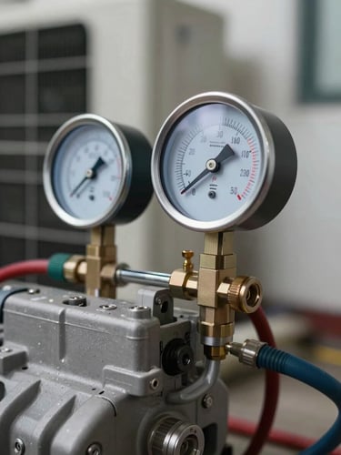 A close-up of a technical manifold gauge set connected to an air conditioning unit compressor line, measuring pressure in a clean residential setting