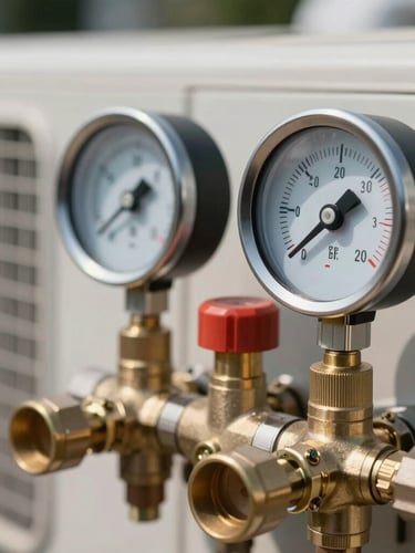 Close-up of manifold gauges connected to air conditioning brass valves, bright daylight, focus on technical dials.
