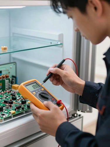 A close-up shot of a technician in a dark navy uniform using a digital multimeter to test a circuit board inside a modern refrigerator, bright natural lighting.