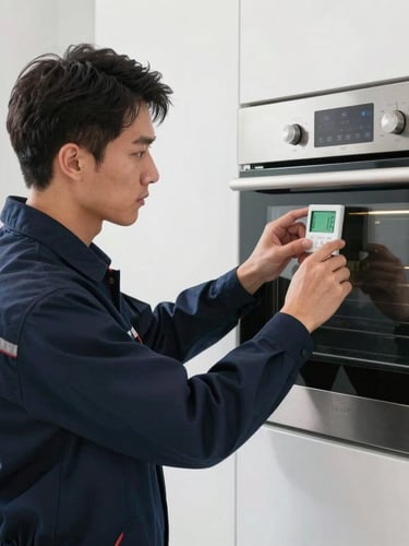 A clean-cut technician in a branded navy uniform calibrating a digital thermostat on a modern wall oven, natural bright lighting.
