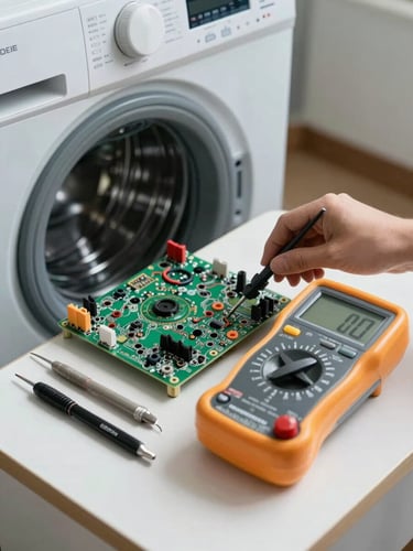 Macro shot of a high-precision digital multimeter testing a complex circuit board on a disassembled washing machine, clean tools neatly arranged on the side, bright natural daylight.