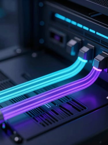 Sleek tech photography, macro shot of glowing cyan and violet data pipelines on a dark server interface, futuristic dark mode