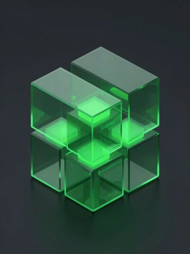 Crisp studio lighting on an abstract geometric 3D render of interconnected glass blocks, glowing emerald indicators, deep charcoal background, isometric view.