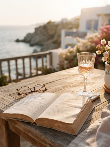 A romantic editorial portrait of an open book resting on a sun-drenched wooden table next to a glass of rose wine on a coastal veranda, warm golden-hour light, soft blush and cream tones