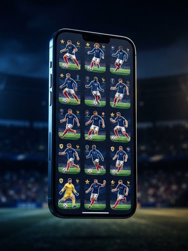 Sleek editorial sports photography, dramatic stadium rim lighting, patriotic blue and gold tones, crisp studio focus, 35mm. A modern smartphone mockup floating over a dark stadium background, displaying a high-definition digital sticker page of French football players.