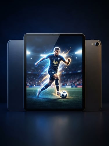 Sleek editorial sports photography, dramatic stadium rim lighting, patriotic blue and gold tones, crisp studio focus, 35mm. A high-end digital tablet mockup displaying a glowing sticker of a French football player in action, rich navy background.
