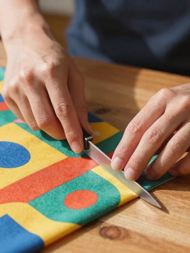 Eye-level close-up of hands carefully cutting colorful geometric patterned fabric on a wooden table, warm natural daylight, shallow depth of field
