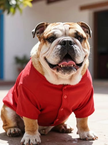 Eye-level portrait of a happy bulldog wearing a custom vibrant red shirt, sitting comfortably in a brightly lit Mexican patio, warm natural daylight, 35mm