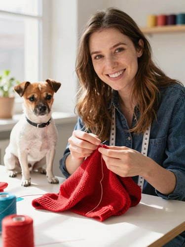 Warm editorial portrait of a happy designer in a sunlit workshop stitching a vibrant red pet sweater, a small dog sitting nearby, 35mm