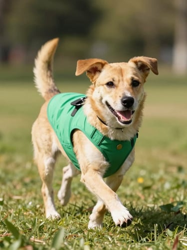 A happy three-legged mixed breed dog running joyfully in a park wearing a custom-fit green vest, bright sunny day, warm editorial pet photography