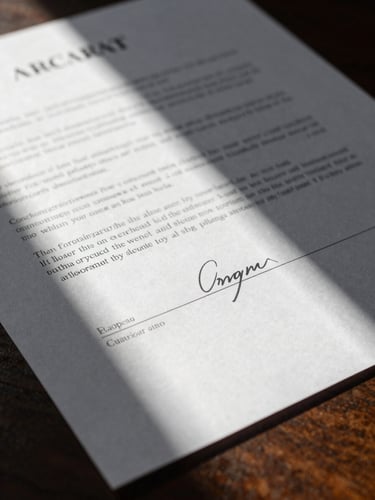 Macro close-up of a signed commercial contract on a dark wooden table, sharp side-lighting casting long shadows across the paper, high-contrast.