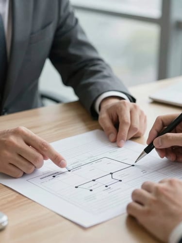Close-up detail of hands reviewing a structured project roadmap on a clean wooden desk, modern corporate office environment, cool natural daylight