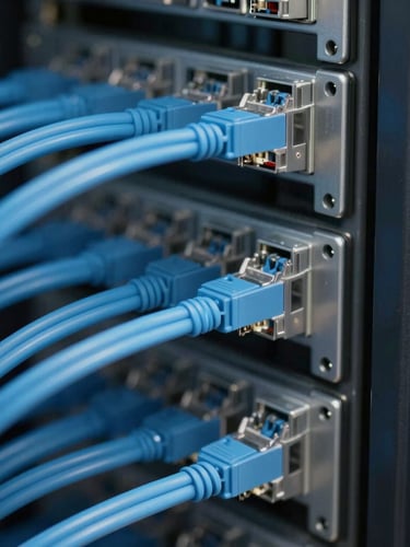 Macro shot of a clean server rack with perfectly organized blue ethernet cables, soft cool daylight, 35mm