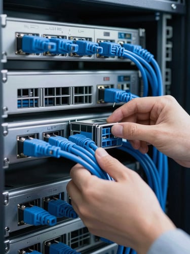 A professional technician configuring a clean server rack with organized blue cabling, soft cool daylight, sharp macro focus