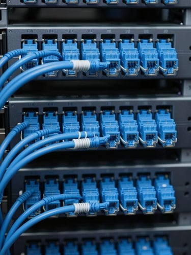 Close-up of neatly organized blue network cabling in a clean server rack, minimalist tech aesthetic, 35mm