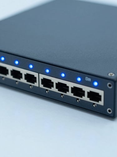 Close-up of clean network hardware with low-saturation blue indicator lights, minimalist tech aesthetic, 35mm
