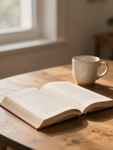 An open book resting on a warm wooden table next to a ceramic mug, soft morning window light, shallow depth of field, 35mm photography