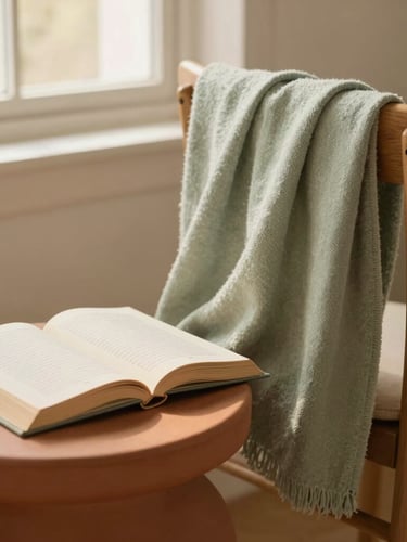 A cozy reading corner with a soft sage textile throw on a wooden chair, an open book on a warm terracotta-toned side table, soft morning window light, warm editorial photography style.