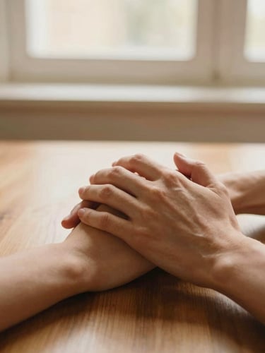 Close-up of two hands gently resting together on a warm wooden table, soft morning window light, shallow depth of field, 35mm editorial photography