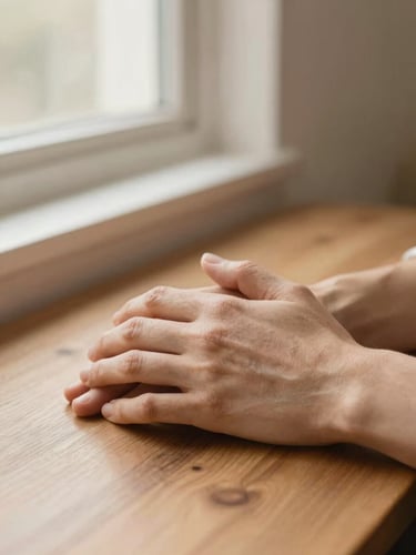 Close-up of two hands gently resting together on a warm wooden table, soft morning window light, muted terracotta and cream tones, shallow depth of field, 35mm