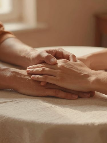 Close-up of two hands gently resting together on a soft linen tablecloth, warm golden-hour glow, muted terracotta tones, 35mm editorial photography