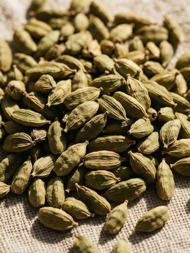 Macro close-up of raw unground green cardamom pods in a heap on raw linen, direct warm sunlight casting sharp shadows