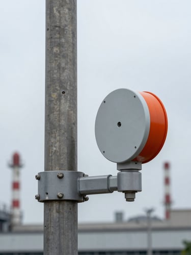 A rugged air quality sensor mounted on a clean steel utility pole against an overcast urban industrial sky, sharp focus, 35mm.
