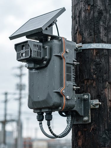 Sharp industrial photography of a rugged, solar-powered outdoor air-quality monitor mounted on a weathered utility pole. High-detail macro shot showing the matte dark gray casing and a precise safety-orange accent line. Crisp overcast daylight, desaturated cool tones, 35mm.
