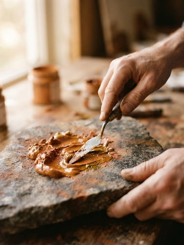 Macro shot of artist hands gently mixing raw terracotta mineral pigments with organic oil on a stone slab, soft morning window light, shallow depth of field, warm organic tones
