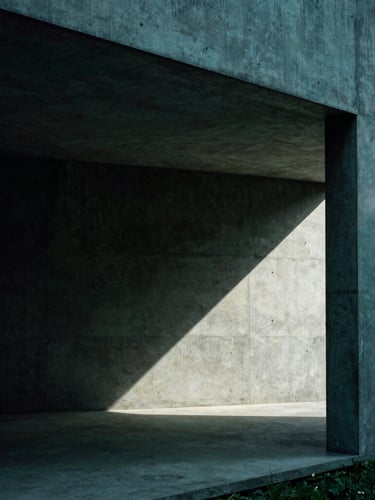 Minimalist architectural detail of a modern concrete and steel pavilion, dramatic side-lighting, deep charcoal and emerald tones, high contrast, 35mm