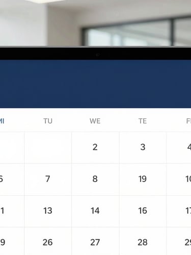 A close-up of a digital corporate calendar showing compliance deadlines, clean modern office background, soft daylight