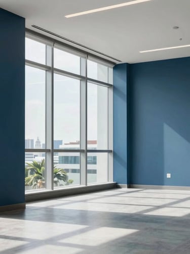 Modern bright office interior in Singapore, professional corporate setting with sunlight streaming through large windows, clean slate and blue tones