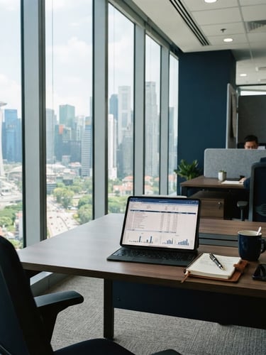 Bright natural daylight office in Singapore central business district, modern glass windows, professional corporate desk with digital tablet showing clean ledger spreadsheet, 35mm photography