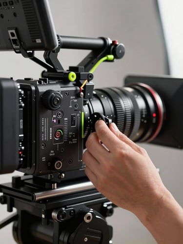 Extreme close-up of a high-end cinema camera rig in a stark studio, raw key light casting hard shadows, hands adjusting the focus ring, neon green accent cables visible.