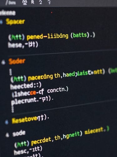 Extreme close-up of high-contrast code blocks on a dark screen, showing header bidding configuration scripts, hard shadows, direct key light.
