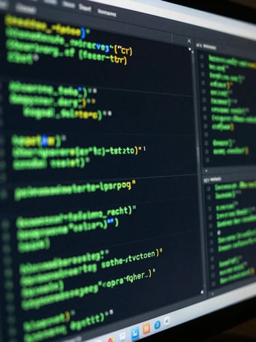 Extreme close-up of a high-contrast ad-ops dashboard on a monitor, sharp code blocks visible, glowing neon green metrics, dark background with hard key light.