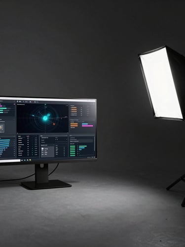 Wide panoramic 21:9 frame of an active ad-ops dashboard on a monitor to the left, an unpolished studio lighting rig to the right, high-contrast hard shadows from direct flash, deep charcoal tones.