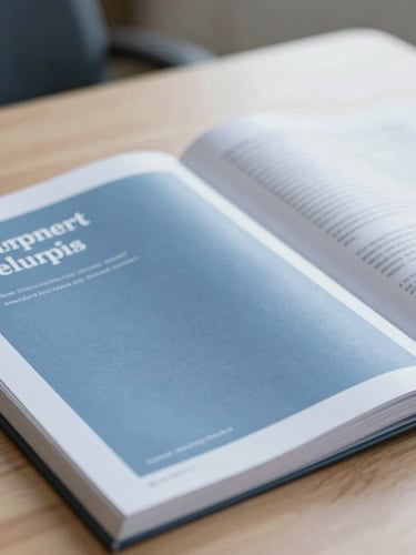 An editorial close-up of a peer-reviewed journal manuscript on a clean wooden desk, soft natural daylight, shallow depth of field, cool slate blue tones, 35mm