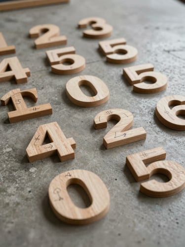Close-up of numbered wooden parts laid out flat on a concrete floor under overcast studio strobe, visible pencil markings and joint notches, assembly sequence visible from above, no people